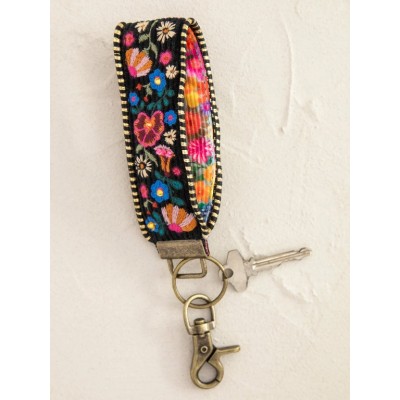 Embroidered Key Fob Black Folk Flower