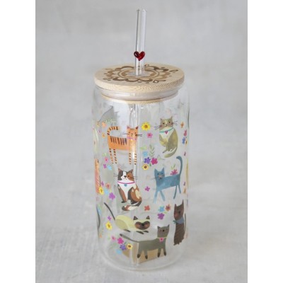 Glass Tumbler Cats with Lid and Straw