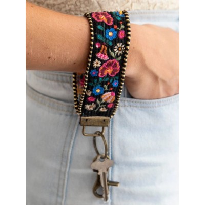 Embroidered Key Fob Black Folk Flower