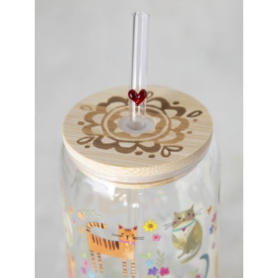 Glass Tumbler Cats with Lid and Straw