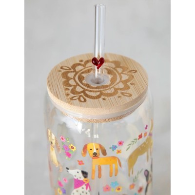 Glass Tumbler Dogs with Lid and Straw